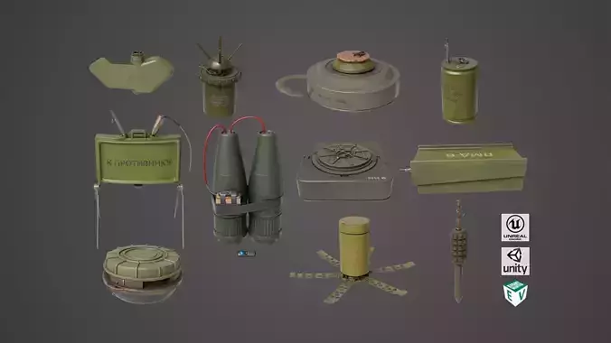 Mine Bomb Collection Single Mat All PBR Unity UE Textures