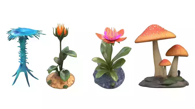 Stylized Cyberpunk Alien Plants Vegetation Grass Flower Mushroom