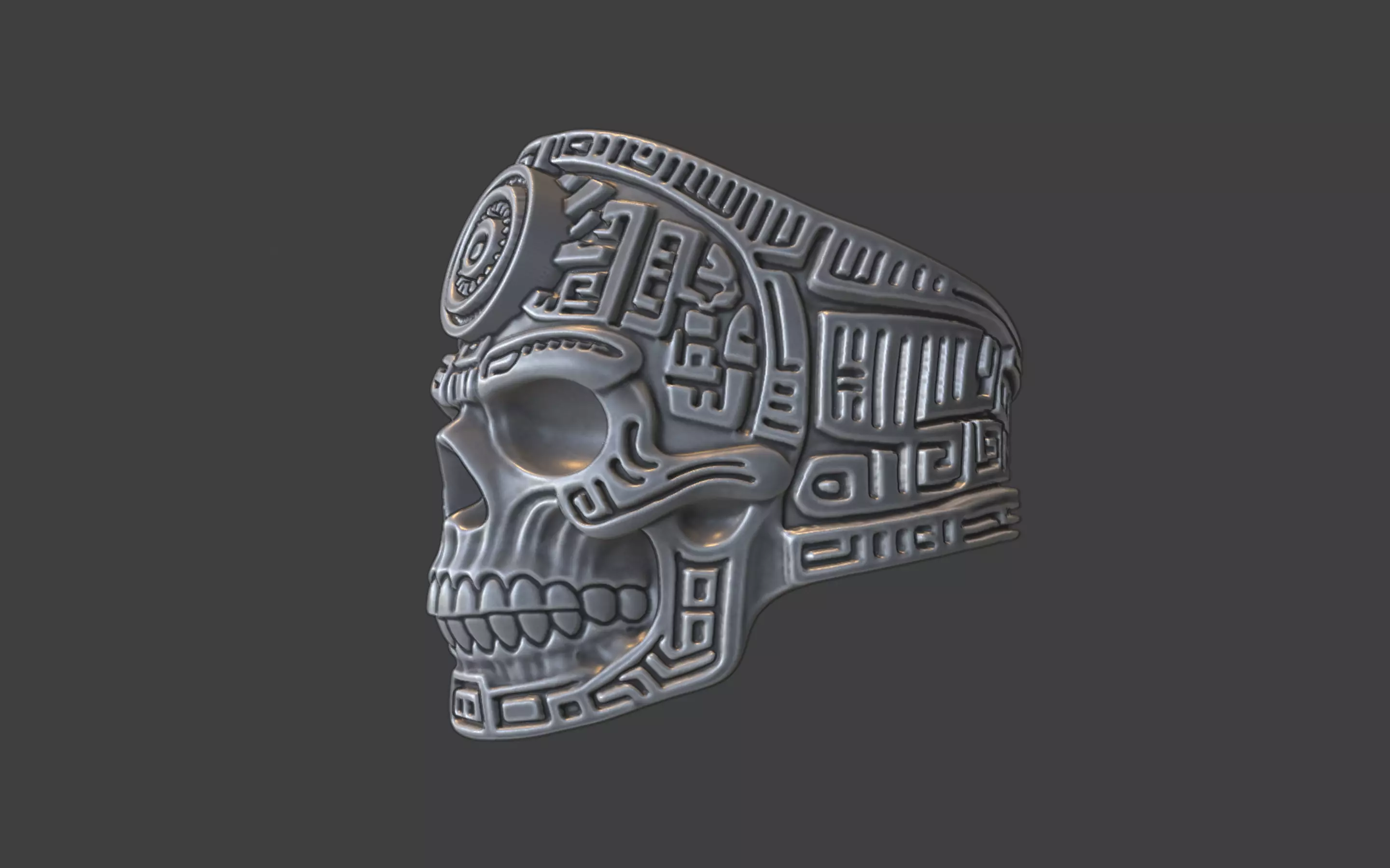 mayan inca style skull techno warrior ring 3D print model_2