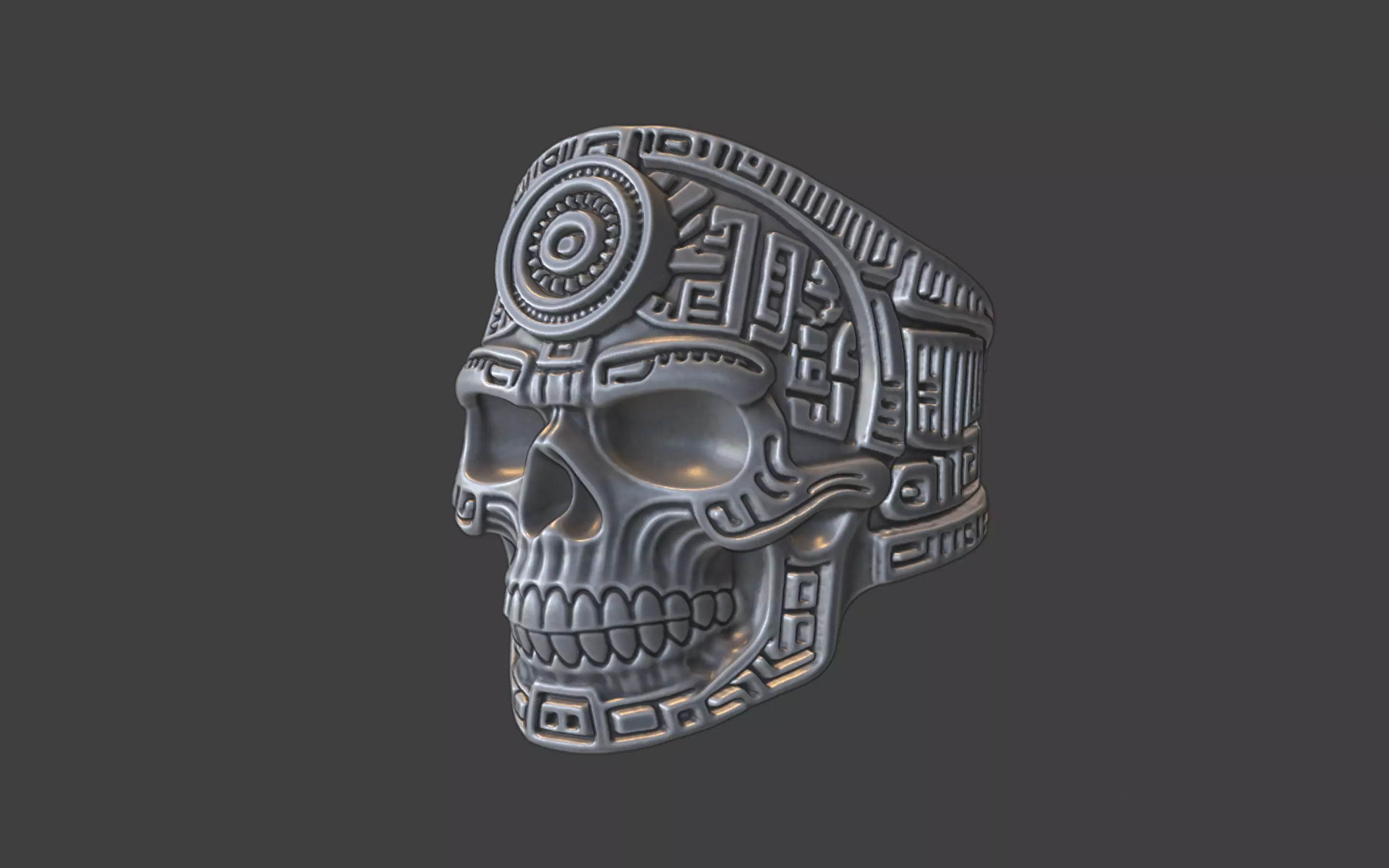 mayan inca style skull techno warrior ring 3D print model_1