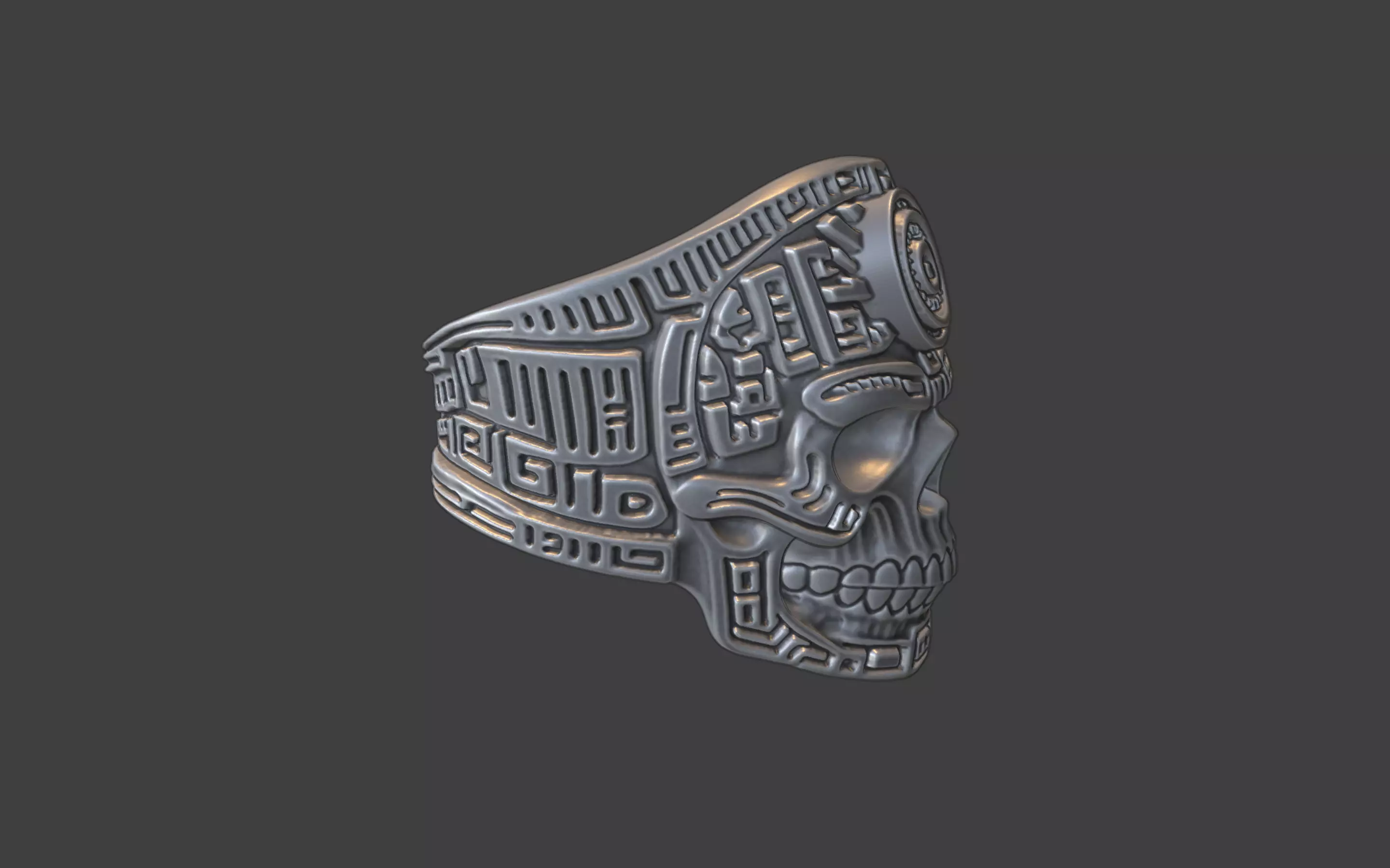 mayan inca style skull techno warrior ring 3D print model_23