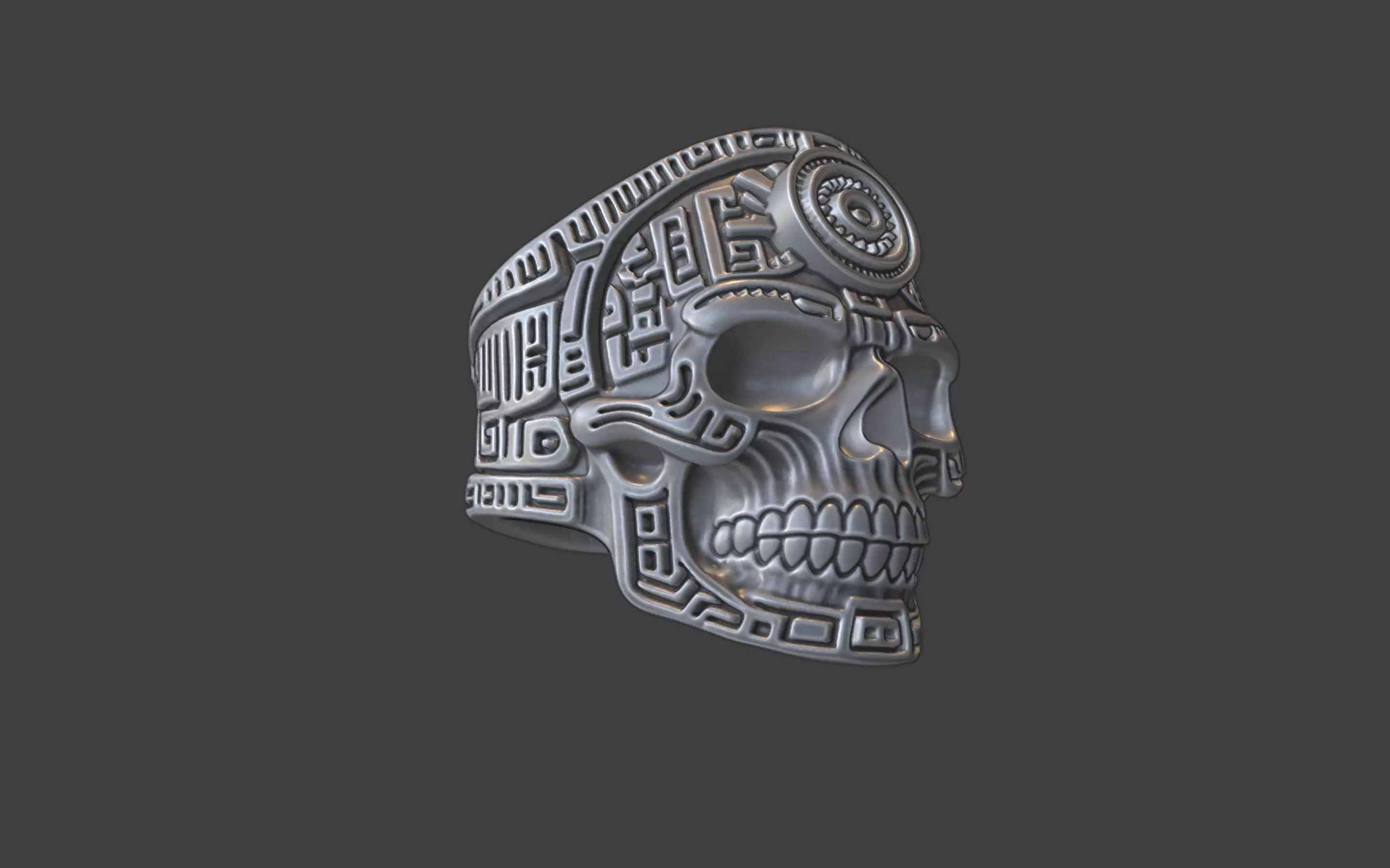 mayan inca style skull techno warrior ring 3D print model_24