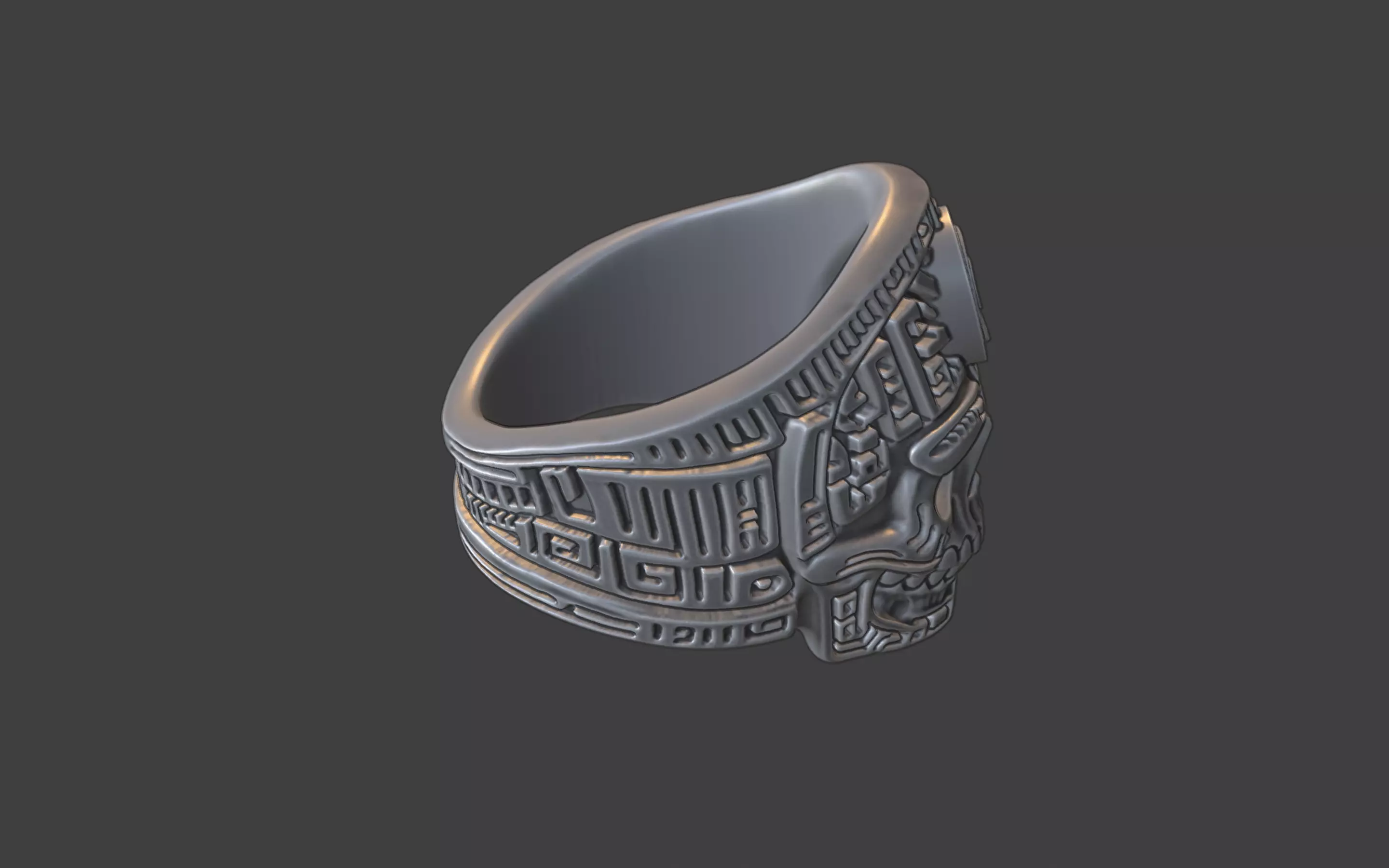 mayan inca style skull techno warrior ring 3D print model_8