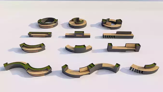 Urban Park Planter Bench Kit Low-poly 3D model 3