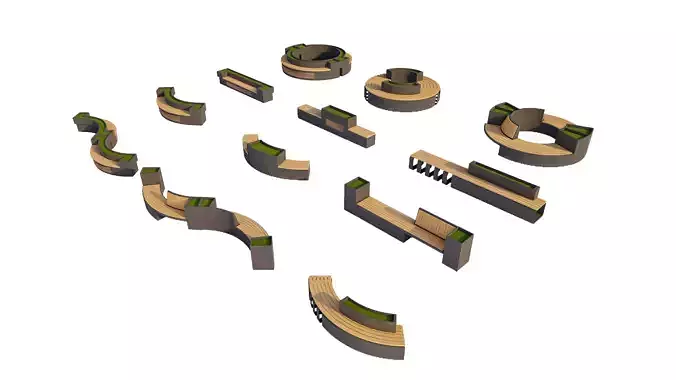 Urban Park Planter Bench Kit Low-poly 3D model 7