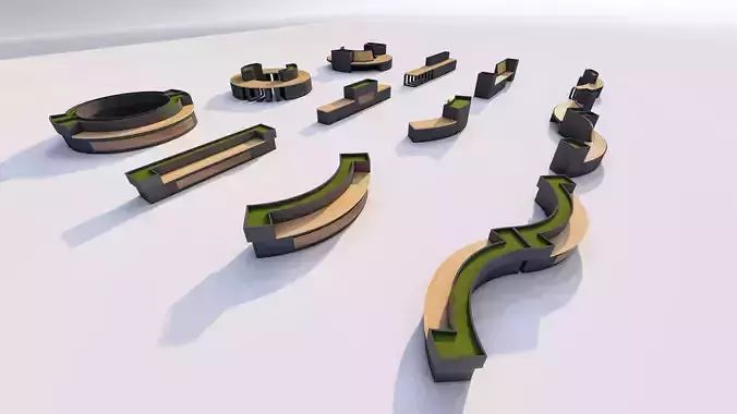 Urban Park Planter Bench Kit Low-poly 3D model 4