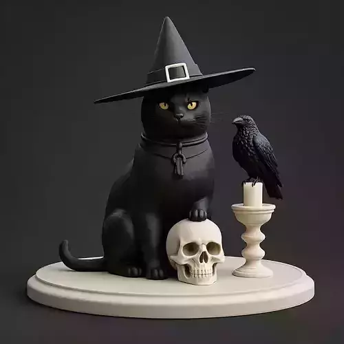 2344 Witch Cat with Skull Raven and Candlestick