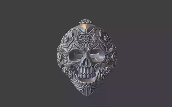 ornate silver human skull floral ring 