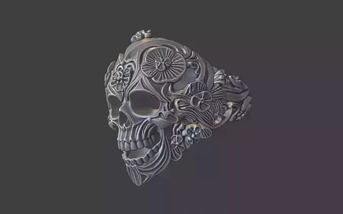 ornate silver human skull floral ring 