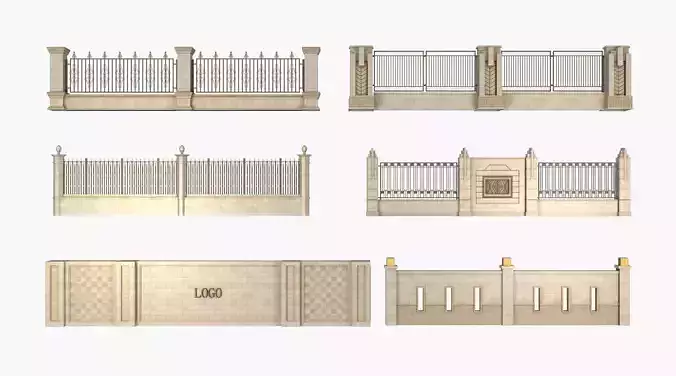 Fence in classic style with wrought iron railing 3D model