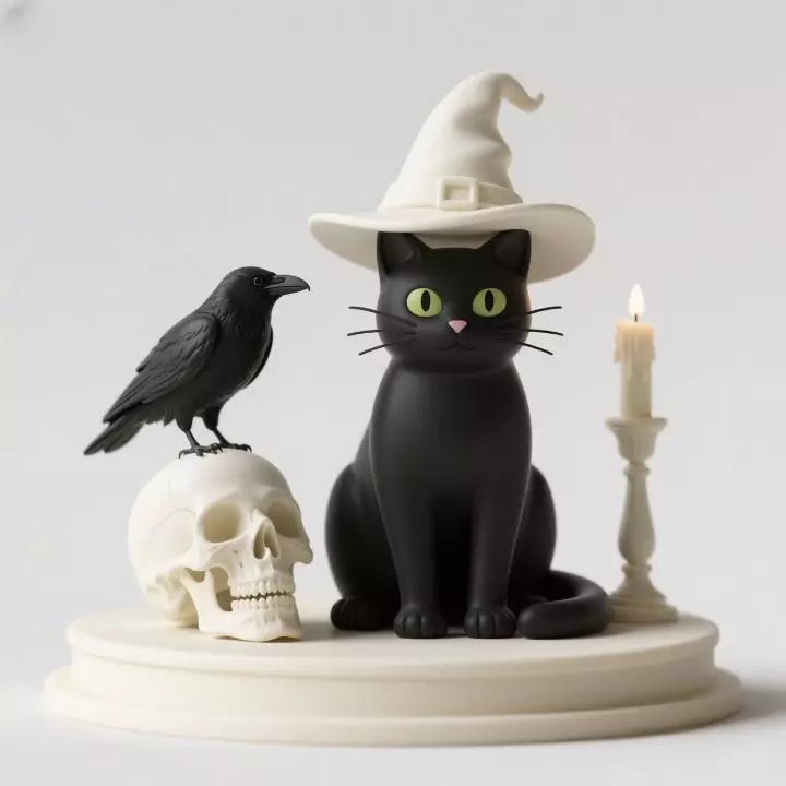 2345 Witch Cat with Skull Raven Candlestick 3D print model