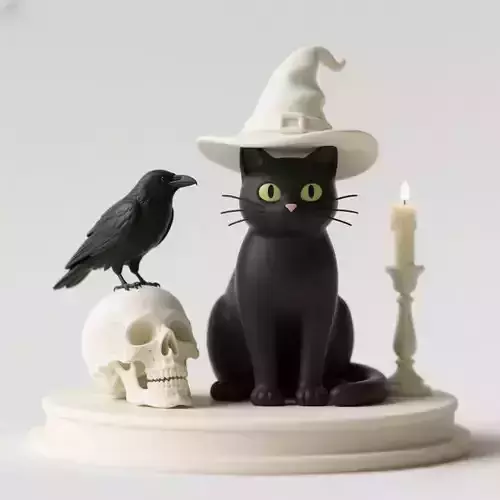2345  Witch Cat with Skull  Raven   Candlestick