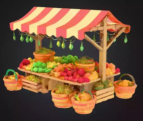 Low Poly Colorful Village Market Stall  Stylized Game Asset
