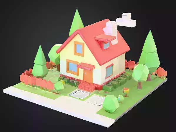 Low Poly Cozy Wooden House with garden Stylized Game Asset