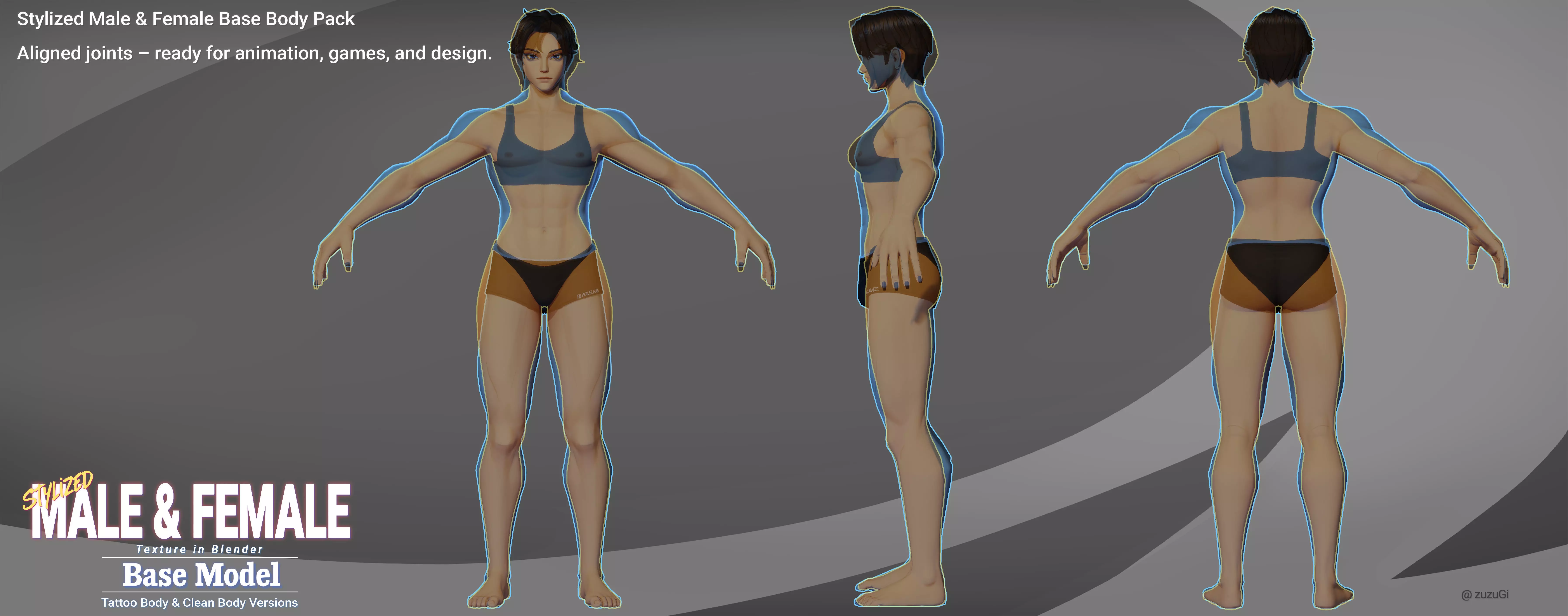 Stylized Kpop Male and Female Base Body 3D Model Collection Low-poly 3D model_21