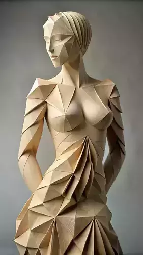 Geometric Wooden Woman Low-Poly Sculpture Origami Form 3D