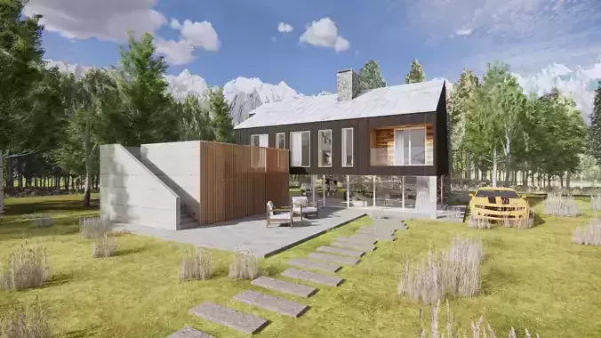 3D Visualization Modern Cabin House in Nature Low-poly 3D model