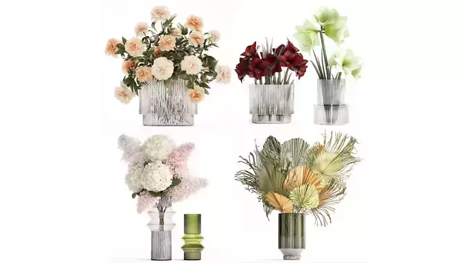 Set Realistic Bouquets Flowers Hydrangea Peony lilac vase 3D model