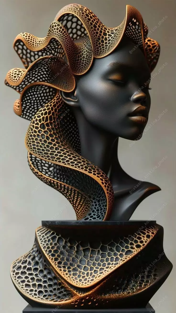 3D Printed Bust Sculpture Black Woman Golden Lattice Low-poly 3D model_0