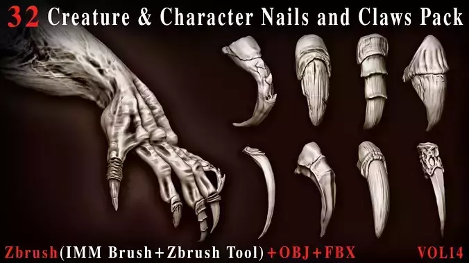 32 Creature and Character Nail and Claws -ZBrush-OBJ-FBX - Vol14
