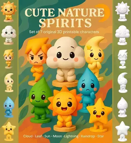 CUTE NATURE SPIRITS  SET OF 7 STL MODELS FOR 3D PRINTING 3D print model