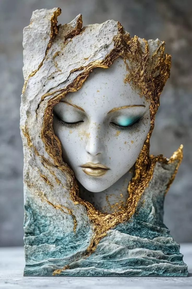 Sea Goddess Sculpture Stone Face Gold Ocean Waves 3D Low-poly 3D model_0