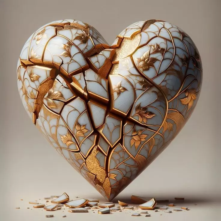 Kintsugi Heart Sculpture Cracked Ceramic Gold Repair 3D Low-poly 3D model_0