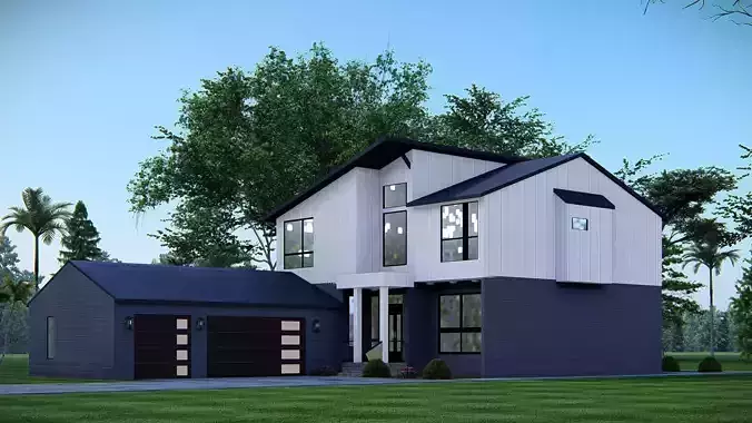 Modern Two-Story American House Contemporary Home Exterior 3D 