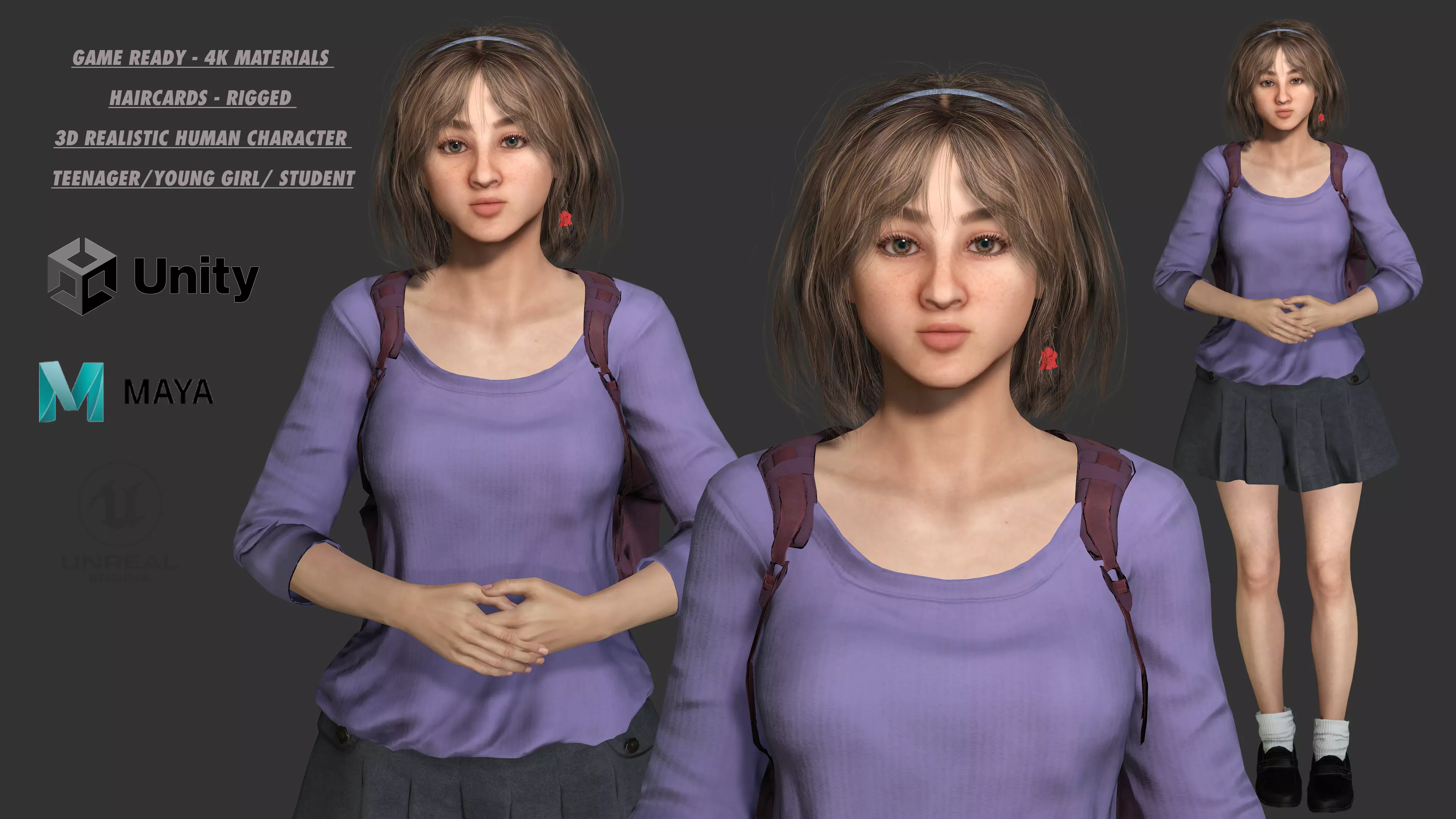 AAA REALISTIC FEMALE 3D CHARACTER BLONDE TEENAGE STUDENT Low-poly 3D model_0