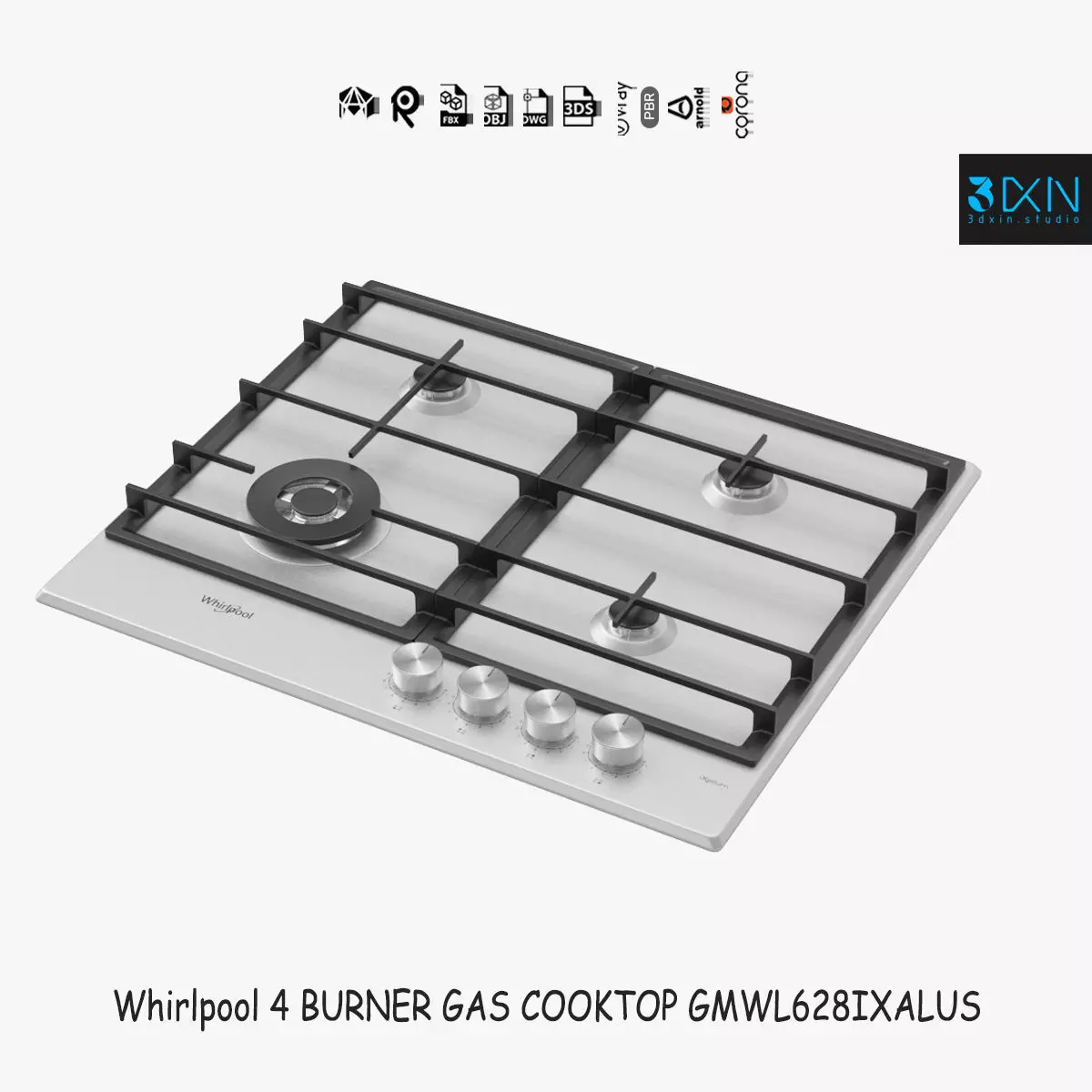 Whirlpool 4 BURNER GAS COOKTOP GMWL628IXALUS 3D model_2