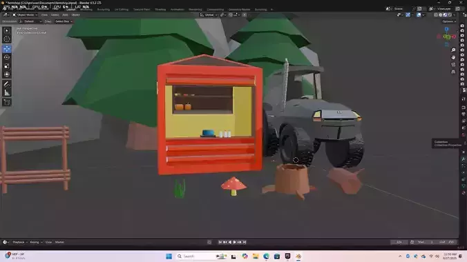 Stylized low Poly Farm Inspired Shop and Tractor 