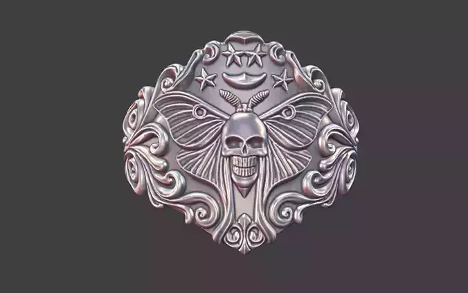 ornamental scrollwork moth moon ring silver