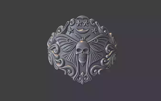 ornamental scrollwork moth moon ring silver