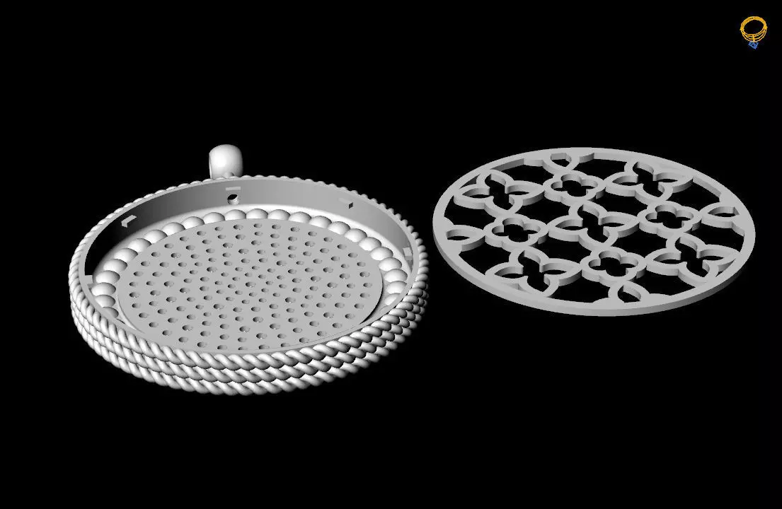 Venetian Princess round pendant with black and white diamonds 3D print model_12