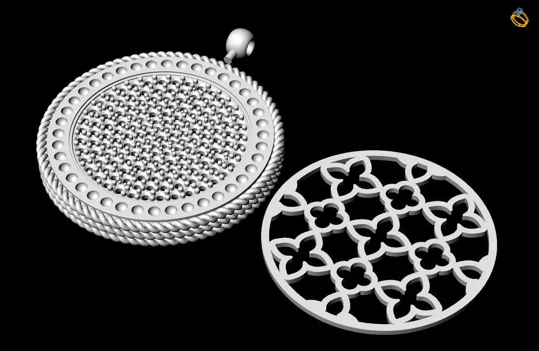 Venetian Princess round pendant with black and white diamonds 3D print model_10