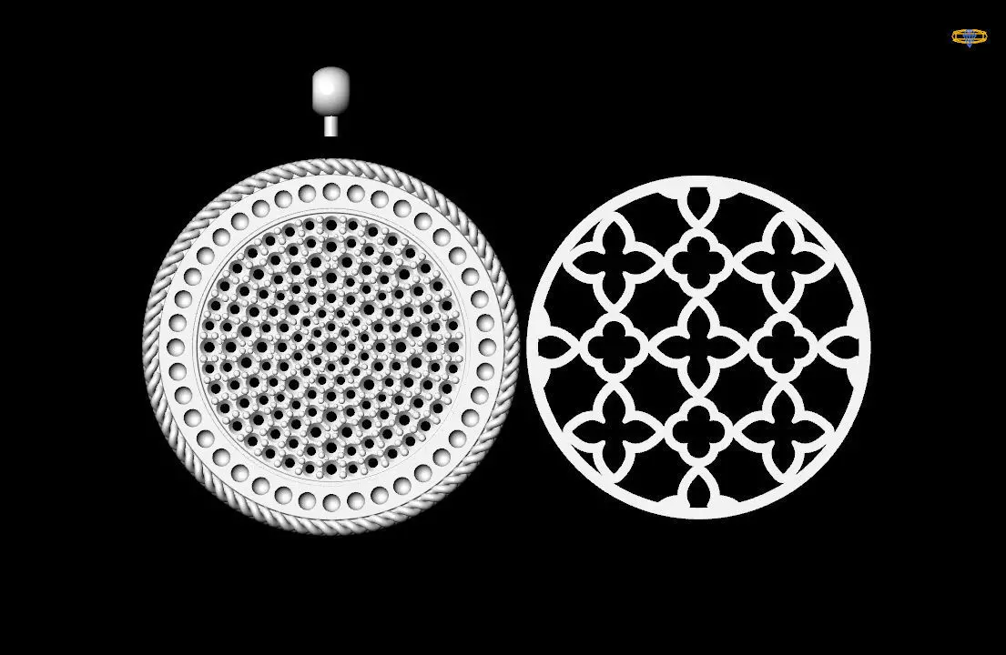 Venetian Princess round pendant with black and white diamonds 3D print model_9