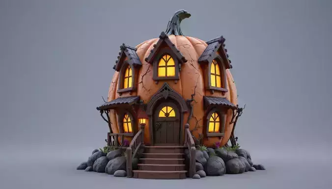 Halloween Pumpkin House 3D Model Spooky Cottage Game Ready