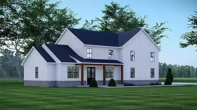 American Wooden Ranch Farmhouse Barndominium 3D Model Exterior