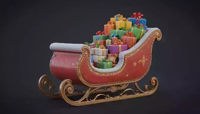 Santa Sleigh 3D Model  Christmas Sleigh with Gifts  Game-Ready 3D model