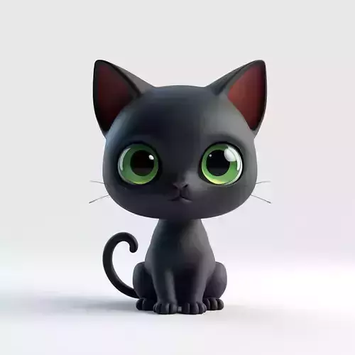 Cute Cartoon Black Cat with Big Green Eyes 3D Model
