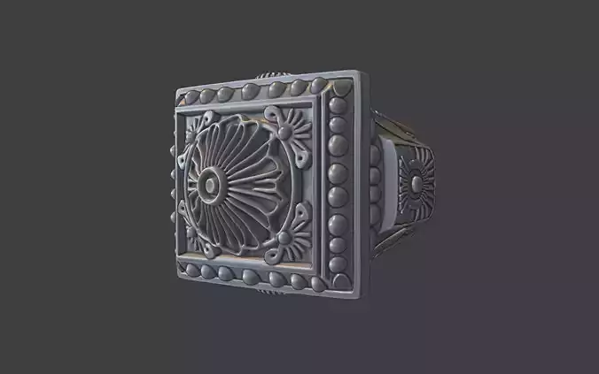 ornamental scrollwork square mandala silver ring