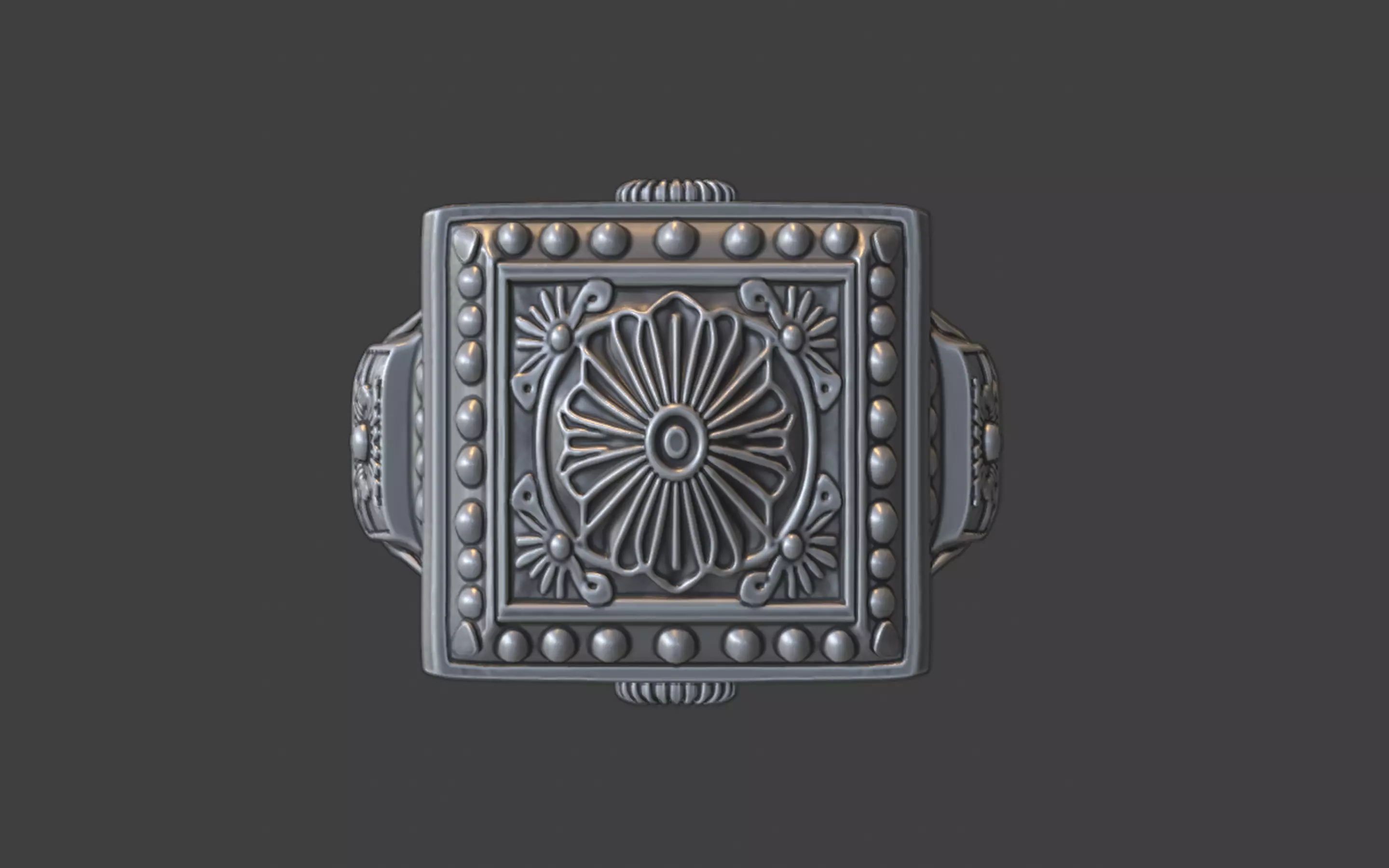 ornamental scrollwork square mandala silver ring 3D print model_1
