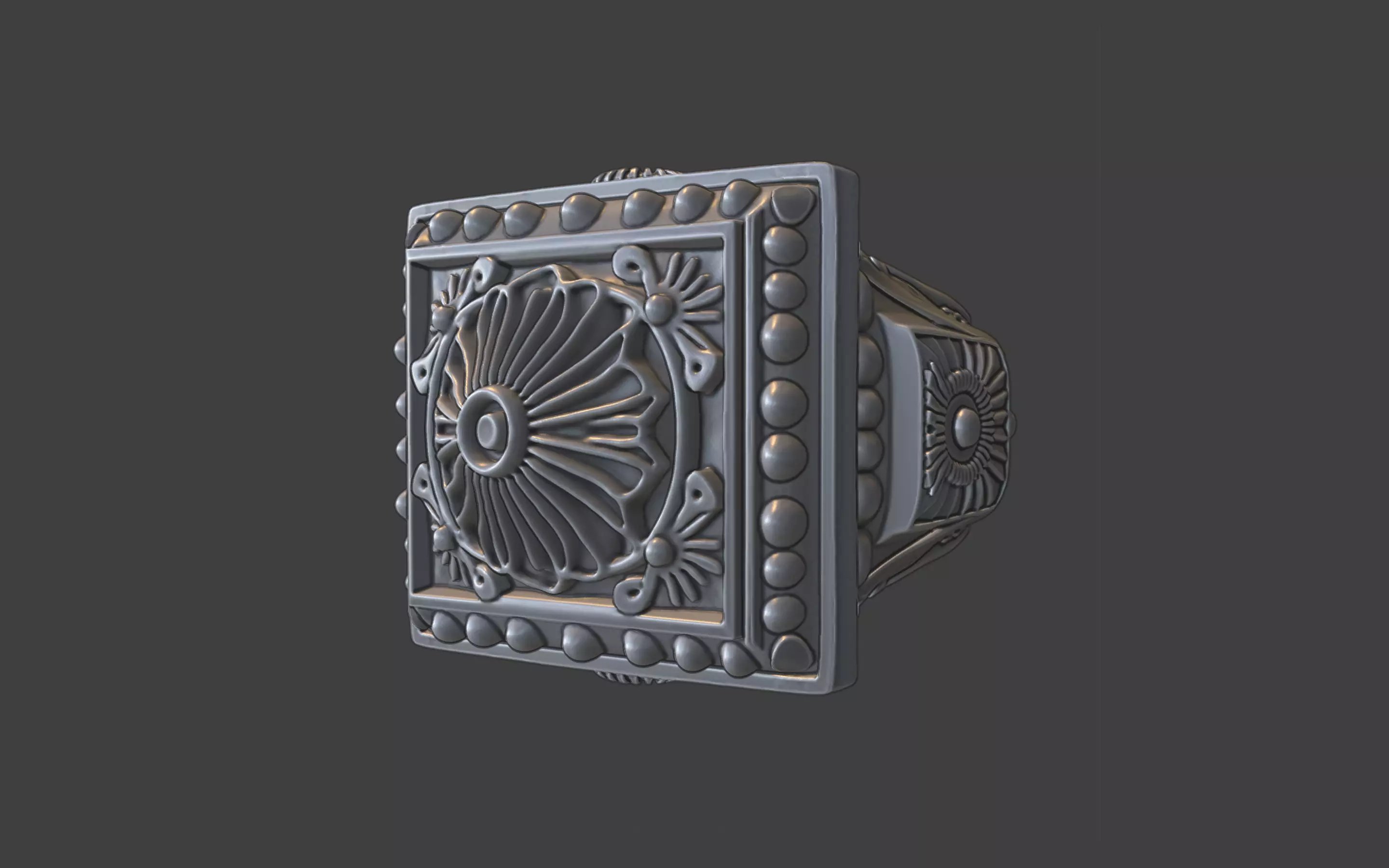 ornamental scrollwork square mandala silver ring 3D print model_14