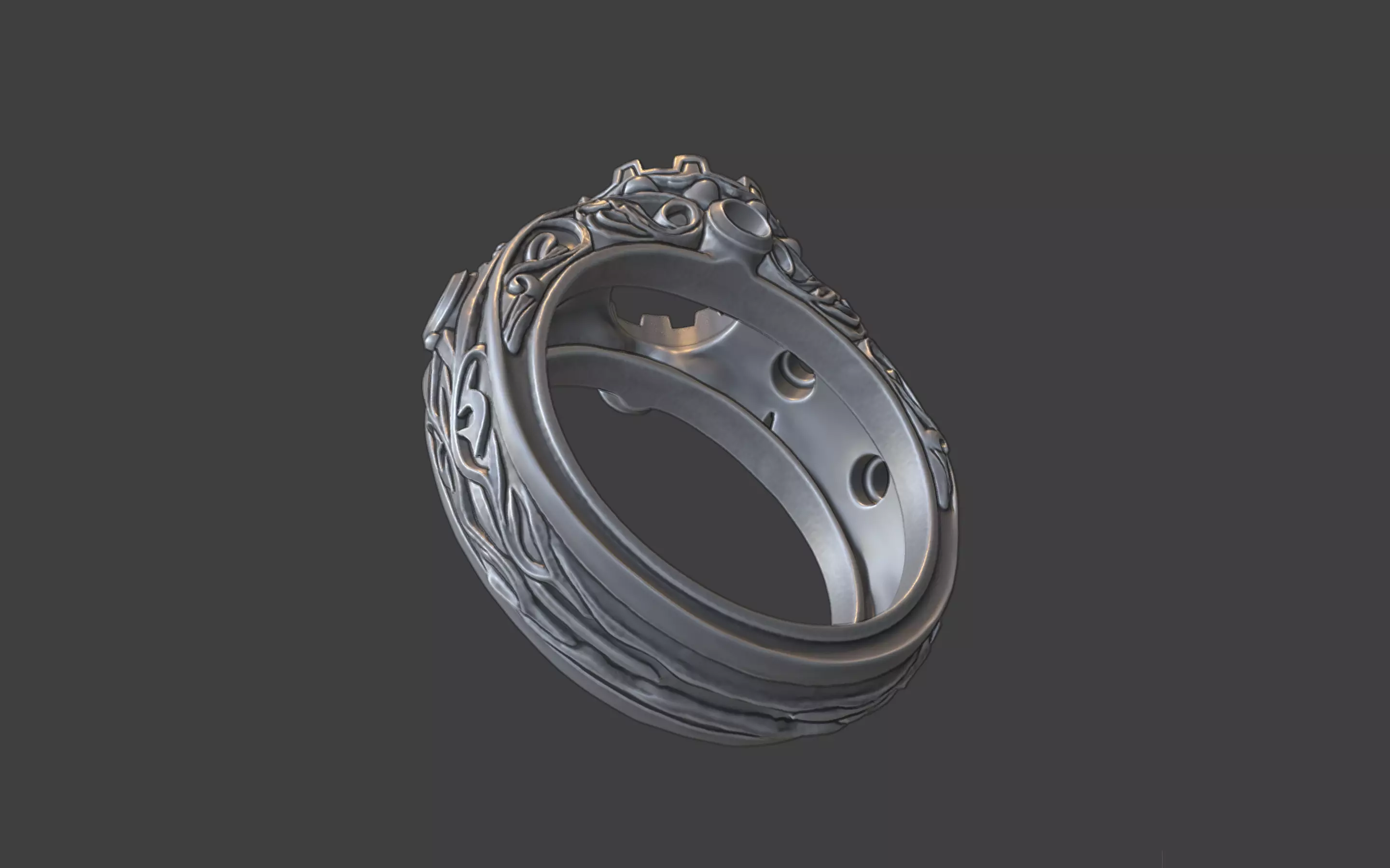 ornamental scrollwork round gemstone silver ring 3D print model_6