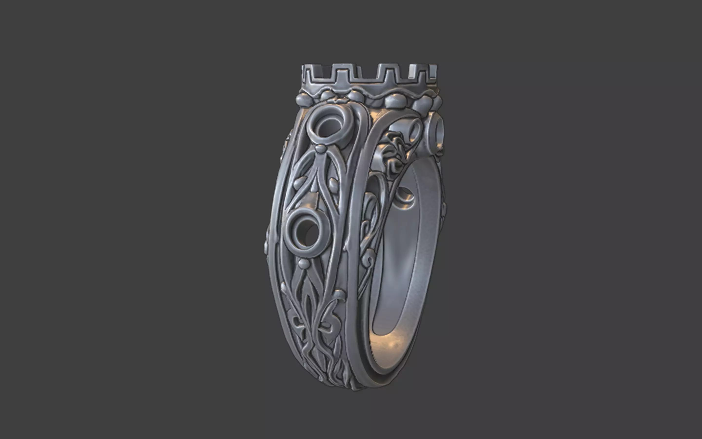 ornamental scrollwork round gemstone silver ring 3D print model_13