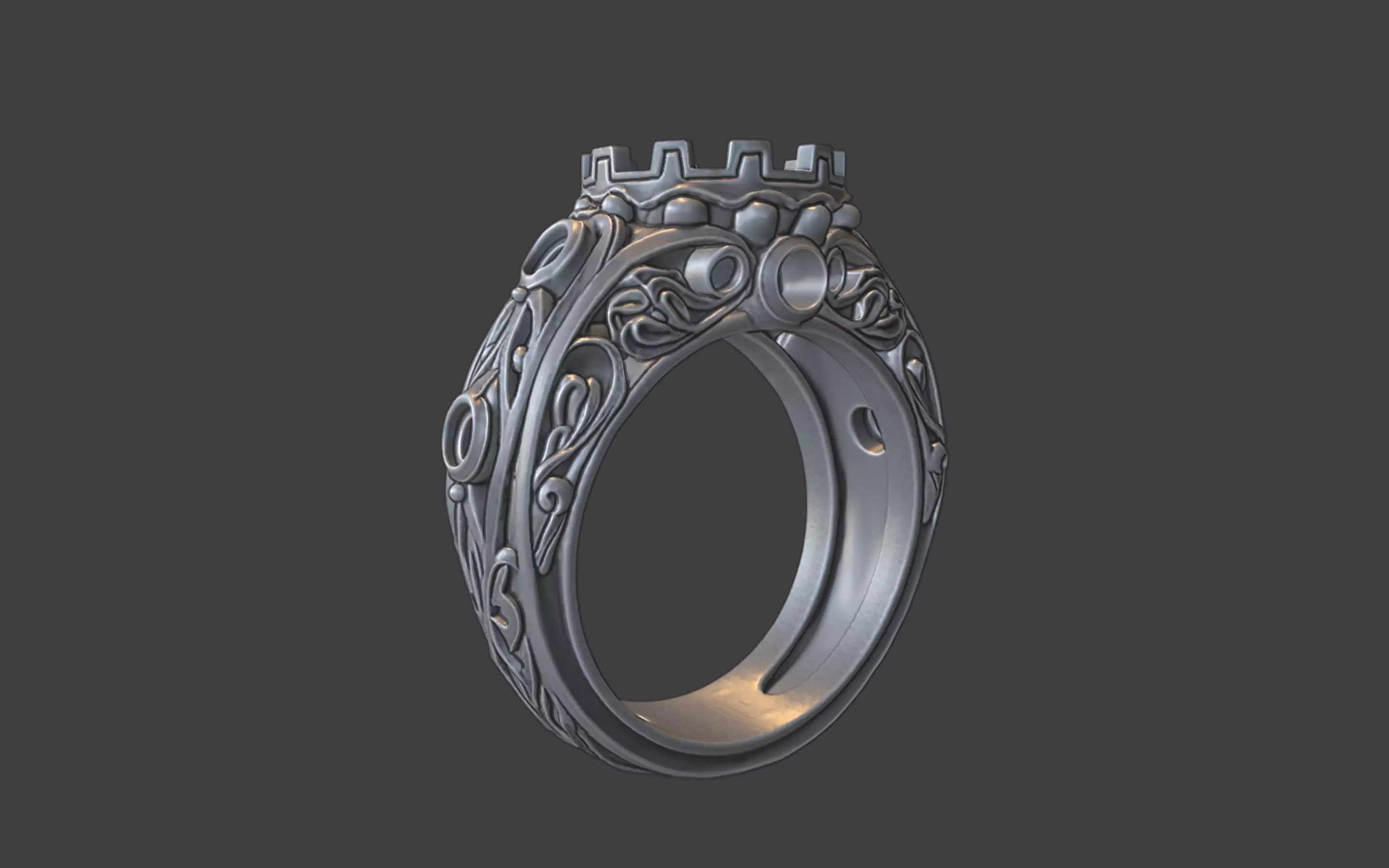 ornamental scrollwork round gemstone silver ring 3D print model_5