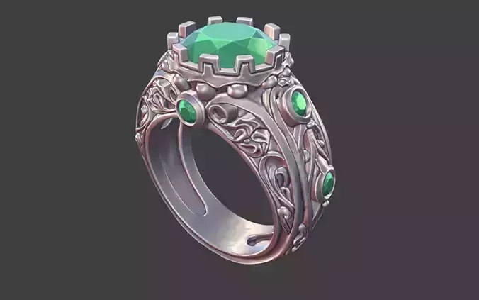 ornamental scrollwork round gemstone silver ring