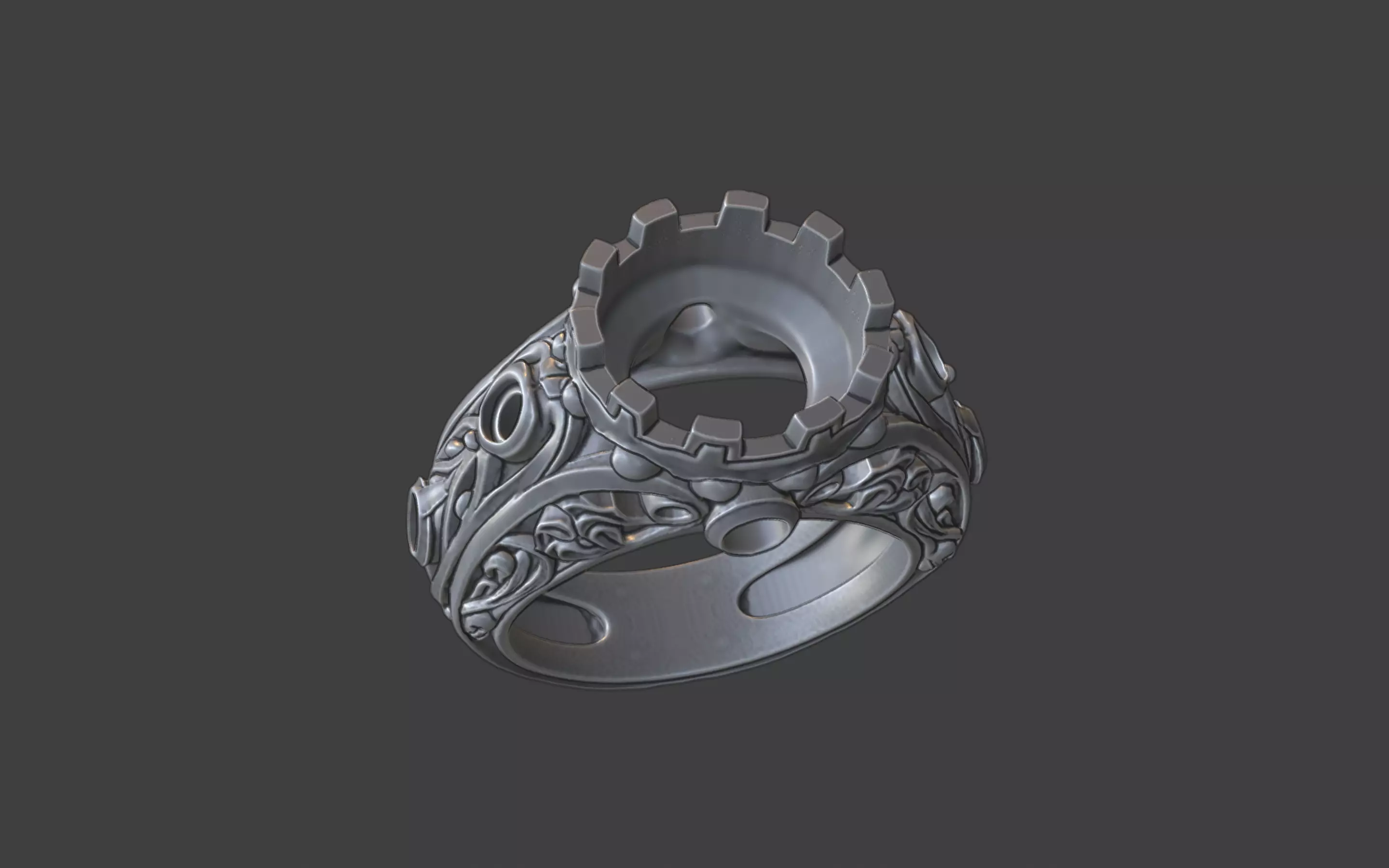 ornamental scrollwork round gemstone silver ring 3D print model_0