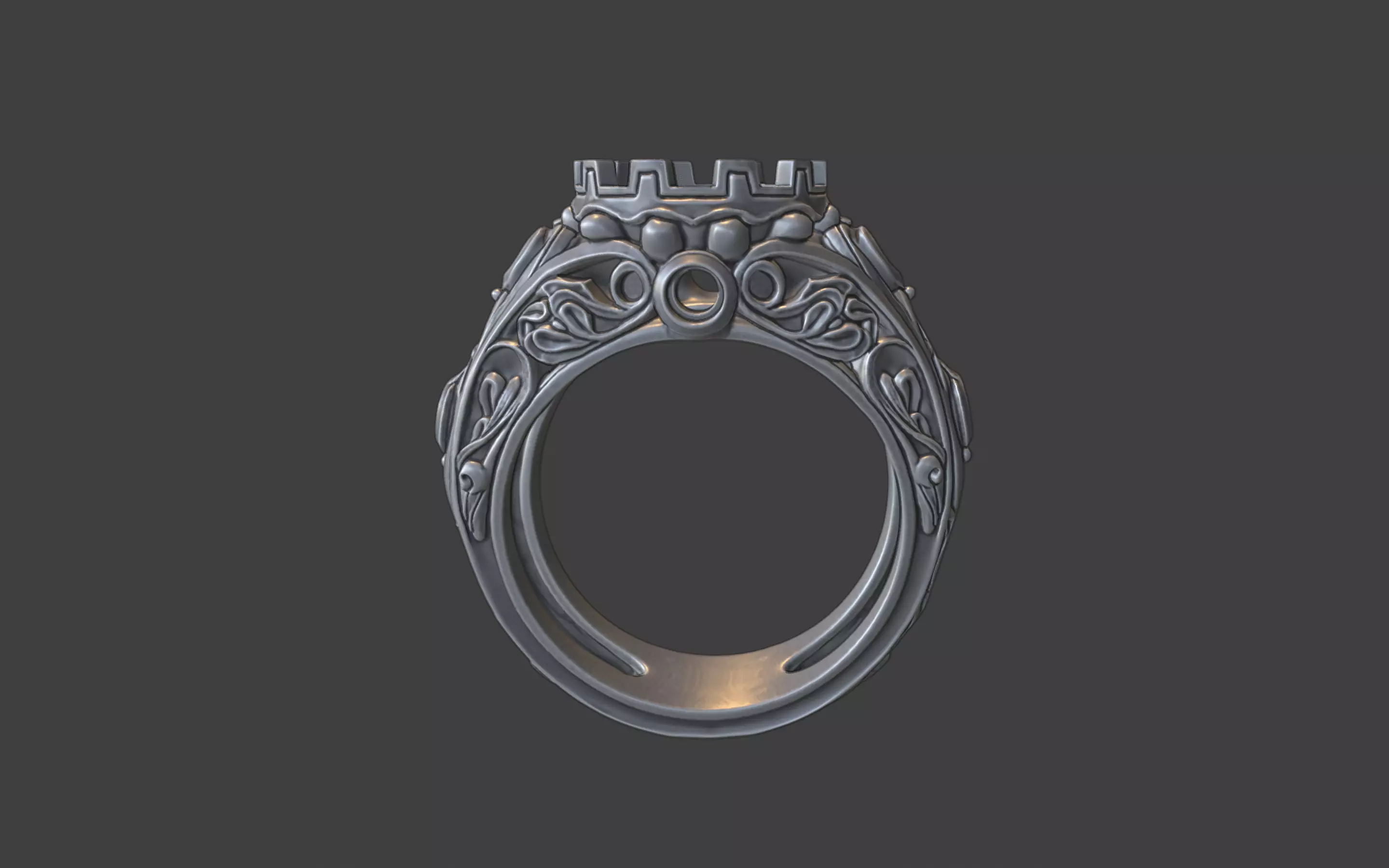 ornamental scrollwork round gemstone silver ring 3D print model_1