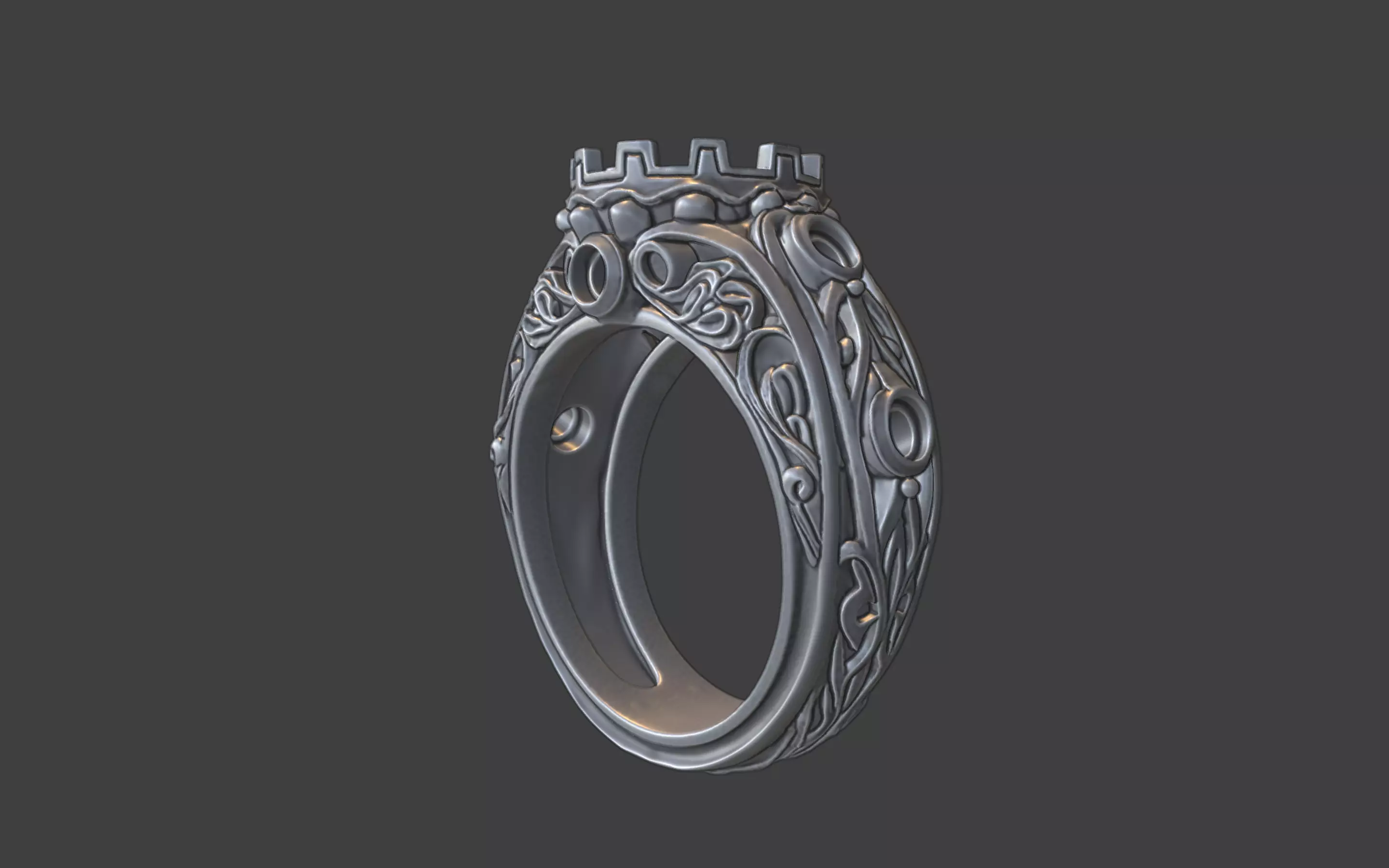 ornamental scrollwork round gemstone silver ring 3D print model_2